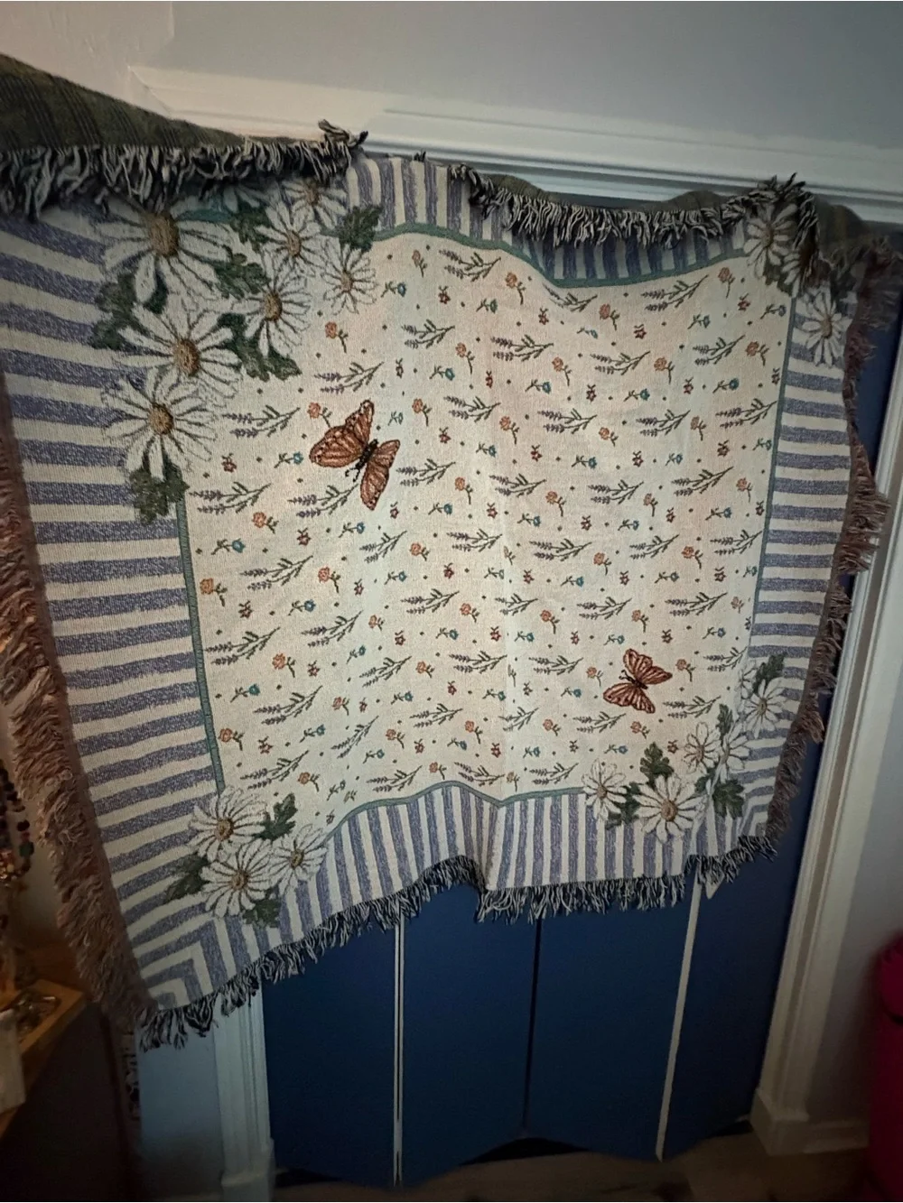Floral & Butterfly Woven Throw - Cream, Blue, Green, Brown
